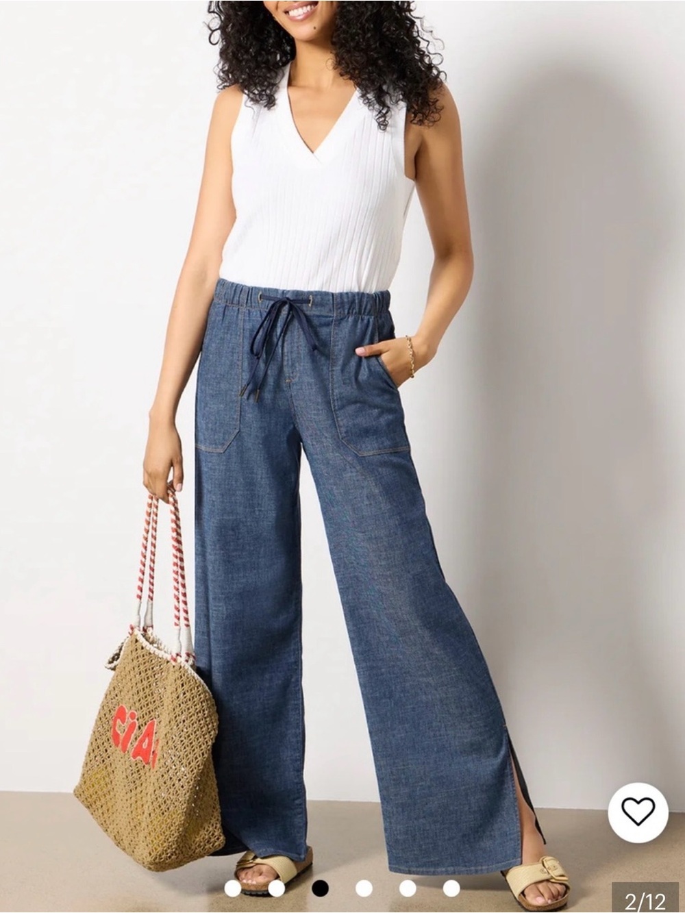 Evereve Wide-Leg Drawstring Denim Pants in Blue